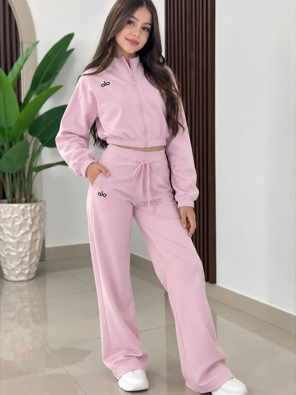 ALO Yoga Light Pink Cropped Zip Jacket & Wide-Leg Track Pants
